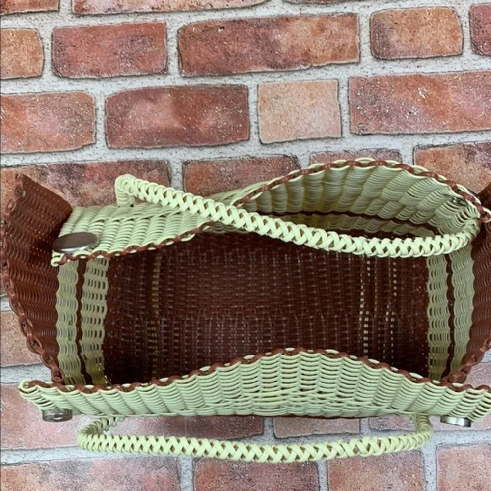 Elegant Cream and Brown Woven Tote with Curved Handles